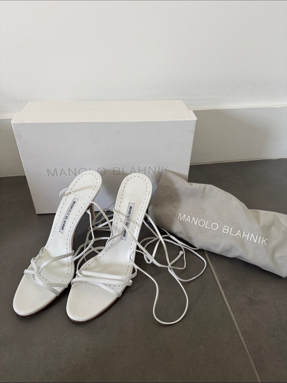 Manolo Blahnik Leva White Leather Lace-Up Stiletto Sandals